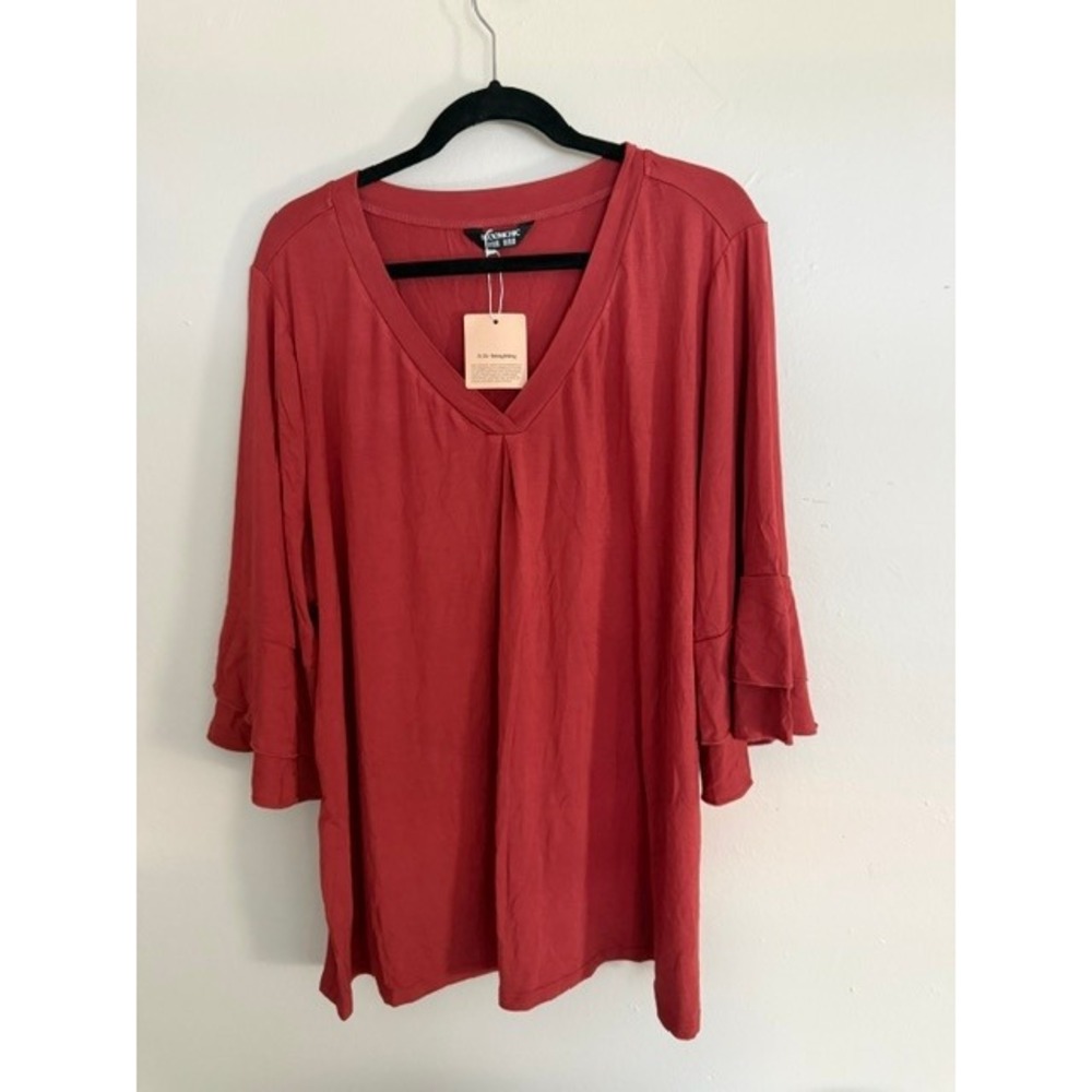 BloomChic  Brick Red V-Neck Tiered Ruffle Bell Sleeve Blouse Plus Size 22-24